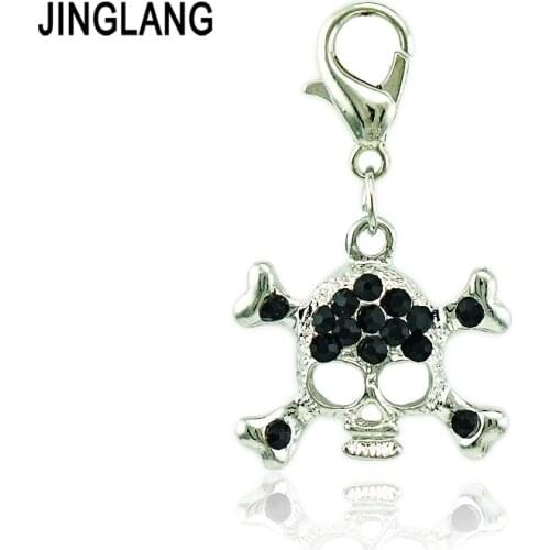 JINGLANG Wholesale Lobster Clasp Charms Dangle Black Rhinestone Skull Pendants DIY Charms For Jewelry Making Accessories