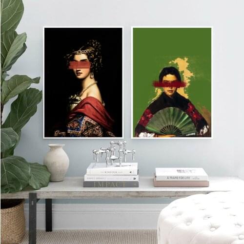 Altered Vintage Woman Portrait Oil Painting on Canvas Poster Quirky Surreal Art Prints Gallery Wall Pictures Living Room Decor