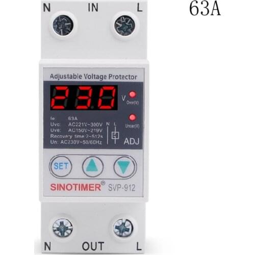 220V 40/63/80A Over and Under Voltage Protector Relay Din Rail Adjustable Automatic Reconnect Protective Device Switch Household