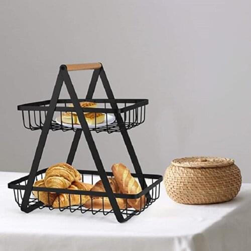 Detachable Fruit Basket with Portable Wooden Handle Double layers Large Capacity Carbon Steel Fruit Holder for Fruits 2020ing