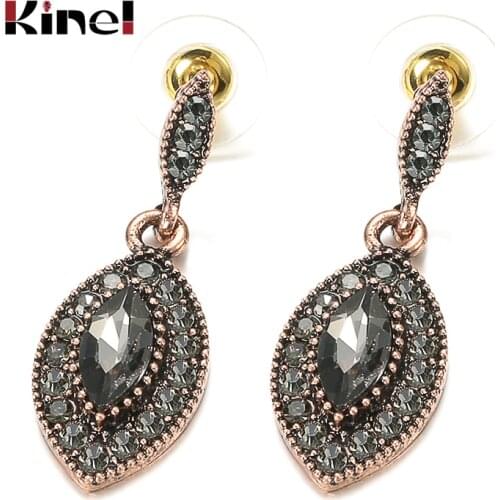 Kinel Boho Gray Crystal Flower Drop Earring For Women Ethnic Bride Jewelry Antique Gold Color Dangle Earring Arabesque Bijoux