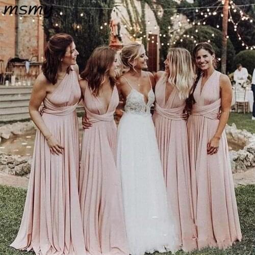 Light Pink V-Neck Long Bridesmaid Dresses 2019 Ruched Floor Length Maid of Honor Dress Wedding Guest Dress