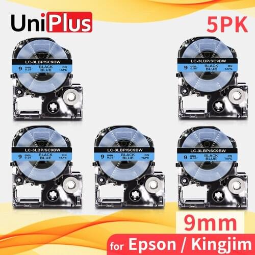 UniPlus 5PK Printer Ribbon Tape 9mm Black on Blue SC9BW Replace Kingjim Label Tape LK-3LBP for Epson Label Maker LW-600P LW400