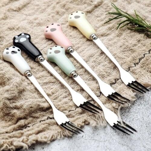 5PCS Stainless Steel Fruit Fork With Ceramics Handle Fruit Sign Food Pick Fork Cake Dessert Forks Party Supplies