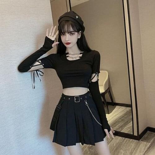 Korean spring summer new retro two-piece skirt net red suit fashion lace long-sleeved short umbilical chain top pleated skirt