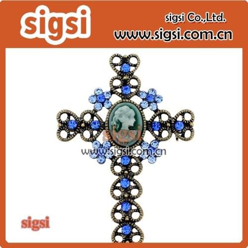 Womens Gunmetal Tone heart shapeRhinestones Vintage Inspired Victorian Cameo Lady Cross Brooch Pin