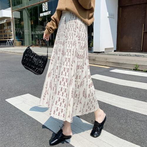 Floral Knit Skirt Womens Autumn And Winter Mid-Length Retro Design High-Waisted A-Line Pleated Skirt Elegant Sweater Jupe y891