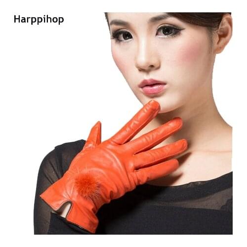 Women leather gloves Color genuine leather gloves female sheepskin gloves womens thin thermal mink hair ball 2017 new