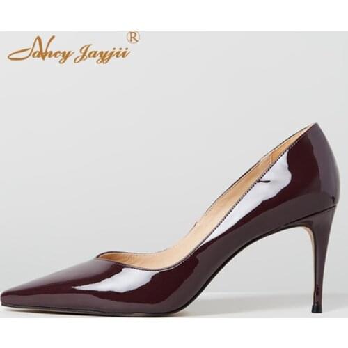 Burgundy Pointy Toe Stilettos Pumps Woman High Thin Heels Vegan Patent Leather Quilted Large Size 33 36 Ladies Office Shoes 2019