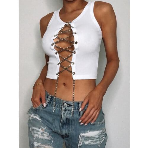 OMSJ Cool Girl Pin Design Irregular Crop Top Vest Sleeveless U Neck Casual Fashion Hollow Out Womens White Tops 2020 Streetwear