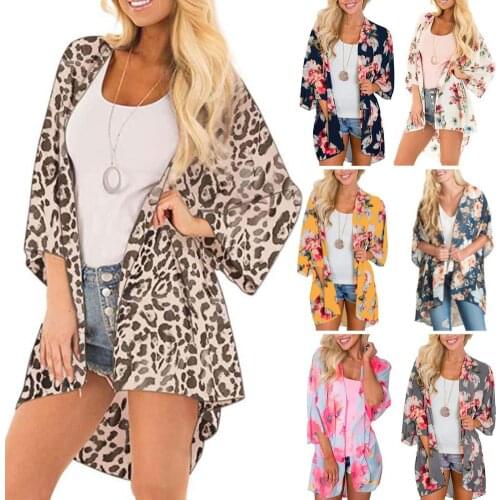 2020 Summer Women Floral Leopard Print Half Sleeve Shawl Cardigan Bikini Cover Up Blouse Top Beach Dress Hot Beachwear