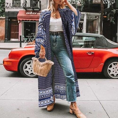 Summer Floral Printed Cardigan ZANZEA Women Bohemian 3/4 Sleeve Holiday Kimono Open Front Beach Cover Up Casual Long Tops Blouse