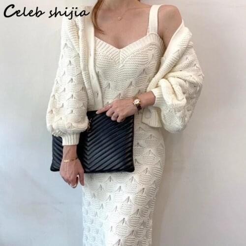 SHIJIA White Knitted Dress Sets Woman Jacquard Cardigan + Strap Dress Korean Fashion Autumn Winter Slim 2 Piece Suits Female