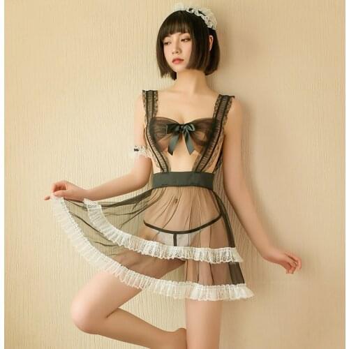 Womens Erotic Lingerie Sexy Maid Cosplay Costume See-through Soft Yarn Suspender Skirt Lace Butterfly Bra Kawaii Ladies Dress