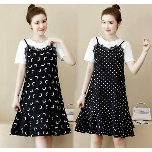 Summer Office Lady A-line Solid Short Sleeve Fashion Work Casual Streetwear O-neck Fake Two Pieces Moon Wave Point Party Dress