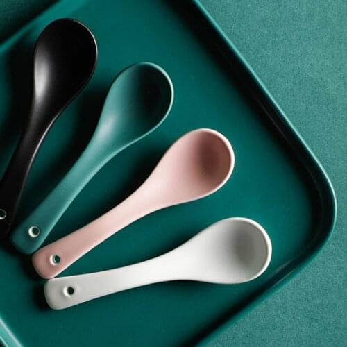 1pc Matte Color Glazed Ceramic Rice Spoon Household Small Spoon Cute Soup Spoon Dinnerware
