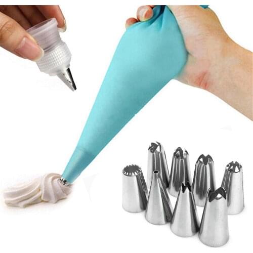 10Pcs/Set Cream Confectionery Nozzles Icing Piping And Pastry Bag Set Diy Cake Decorating Tools Set Stainless Steel+PP Reusable