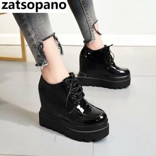 2020 High Platform Patent Leather Casual Shoes Women Autumn Winter Wedge Ankle Boots For Women 12 CM Height Increasing Sneakers
