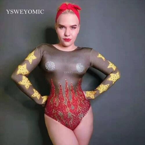 3D Sexy Fire Pattern Stones Leotard Costume Singer Dancer Sexy Rhinestones Bodysuit Nightclub Outfit Party Wear Stretch Outfit