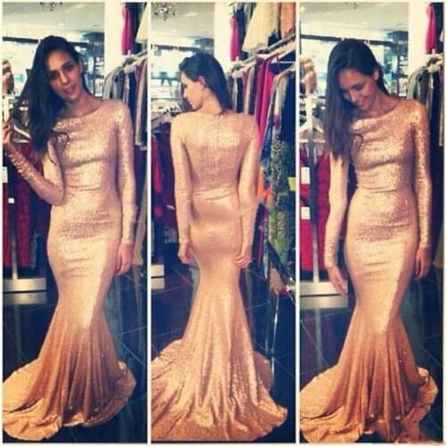 E JUE SHUNG E JUE SHUNG African Gold Sequins Prom Dresses Scoop Neck Long Sleeves Mermaid Evening Gowns Sweep Train Vestidos