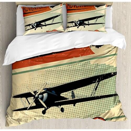Vintage Duvet Cover Set Nostalgic Small on Dotted Grunge Backdrop Military Adventure Airpark Plane Graphic 4pcs Bedding Set