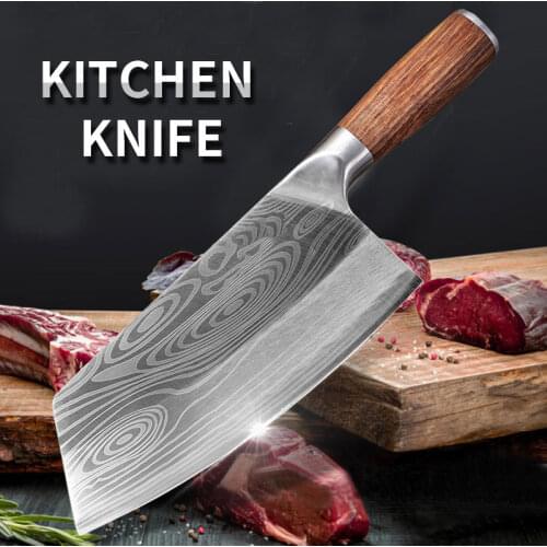 Kitchen Knife Damascus Laser Pattern Chinese Chef Knife Stainless Steel Butcher Knife Meat Cleaver with Wooden Handle