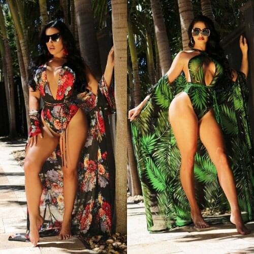 Sexy Women Halter Swimsuit with Cover Up Set Floral Print V-neck Push Up Swimwear Bandage Swimsuit With Cover Up Beachwear