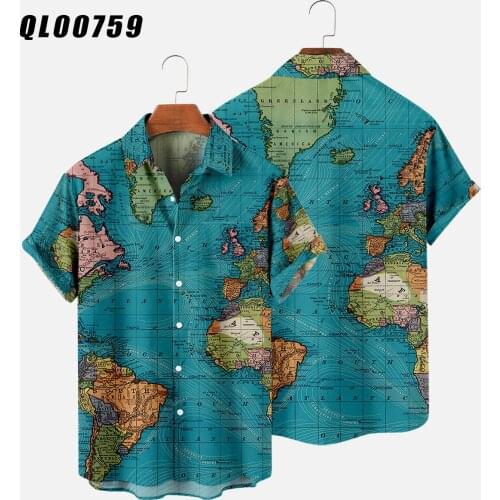 New 2021 Beach Shirt Summer 3D Map Print Short Sleeves Shirt Hawaii Mens Harajuku Turn-down-collar Clothing