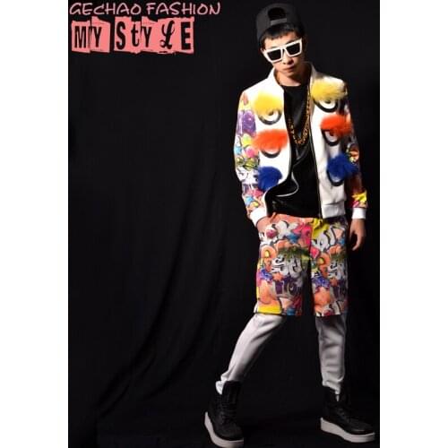Men Streetwear Hip Hop Jacket Male Graffiti Big Eyes Coat Custom Stage Show Nightclub Singer DJ Costumes Fashion Casual