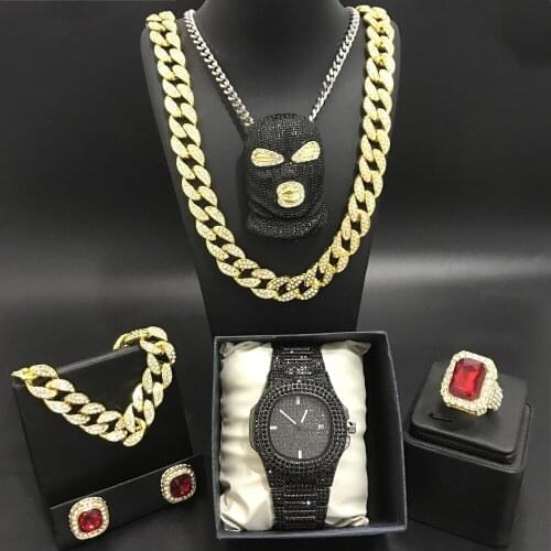 Hip Hop Men Gold Color Cuban Neckalce Luxury Men Black Watch & Neckalce & Braclete & Ring & Earrings Combo Watch Set For Men