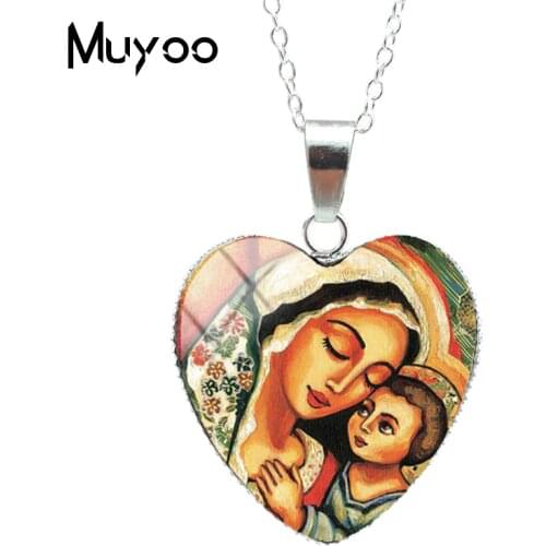 2019 New Vintage Virgin Mary and Jesus Painting Art Heart Pendants Glass Cabochon Mother Mary and Jesus Heart Necklaces HZ3