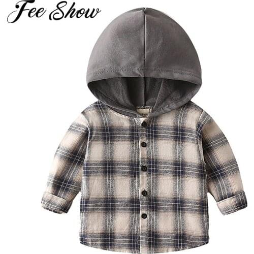 FEESHOW Childrens Clothing Boys Shirts 2021 Spring Baby Boy Long Sleeve Tops Autumn Kids Hooded Jacket Plaid Long-sleeve Shirt