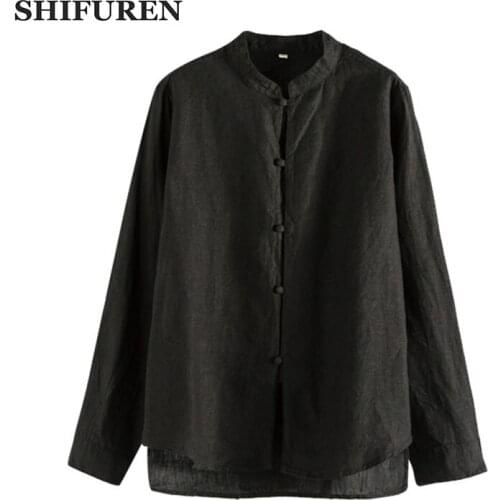 SHIFUREN Causal Men Linen Shirts Long Sleeve Retro Chinese Traditional Kongfu Linen Shirts Male Breathable Tops Mandarin Collar