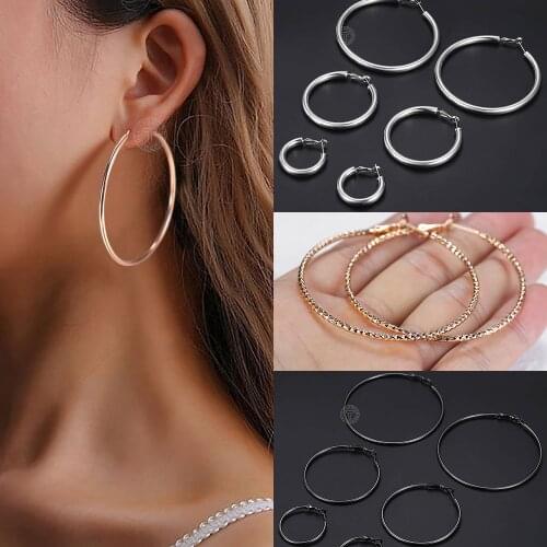 Hoop Earring For Girls 585 Rose Gold Black Silver Color Big Smooth Circle Round Simple Party Ear Hoops Jewelry Her GE331