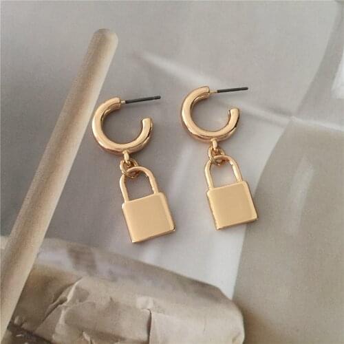 Trendy Gold Color Big Lock Charm with Hoop Earrings For Women Girl Elegant Chic Lovely Delicate Secret Party Accessory