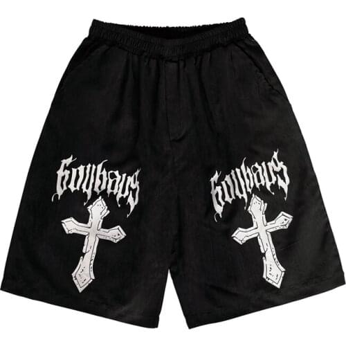 New Summer Shorts Women Knee Pants Female Harajuku Vintage Cross Print Loose High Waist Five Point Pants Cartoon Man Shorts