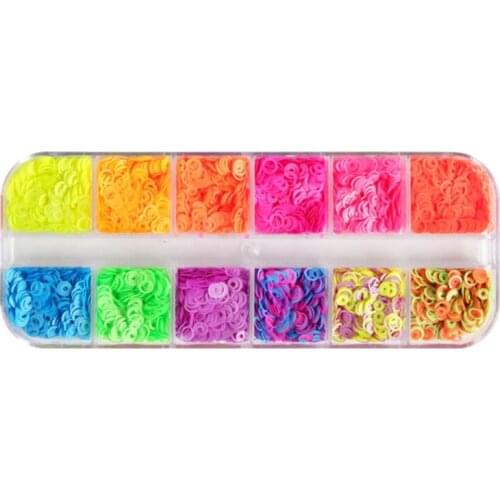 T5UF 12 Grids/Box Fluorescent Bubble Sequins Epoxy Resin Glitter Filling Hollow Round Shape Slime Slices Neon Nail Art Flakes
