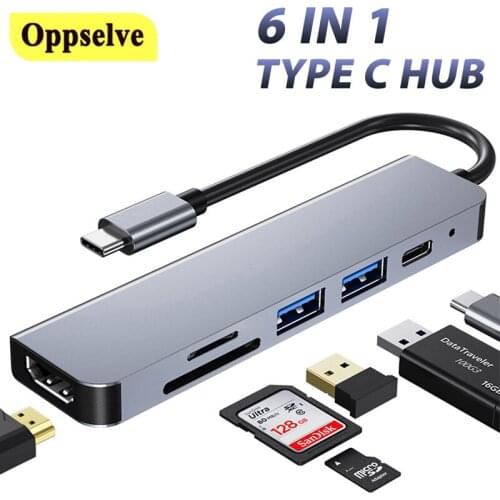 USB Type C 3.0 HUB Adapter USB C To HDMI-compatible TF SD Card Reader 6 In 1 Dual Card Slots USB C HUB Splitter for MacBook Pro