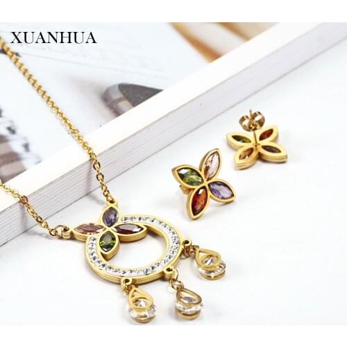 XUANHUA Stainless Steel Jewelry Woman Vogue 2019 For Lovers Crystal Necklace Earrings set Fine Jewelry Accessories Bohemian