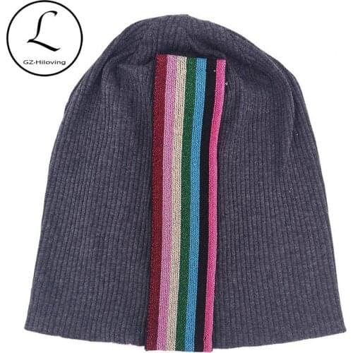 Soft Women Multi color Ribbon Cotton Ribbed Beanies Hats 2019 New Autumn Slouch Skullies Hats And caps For Ladies Oversize Hats