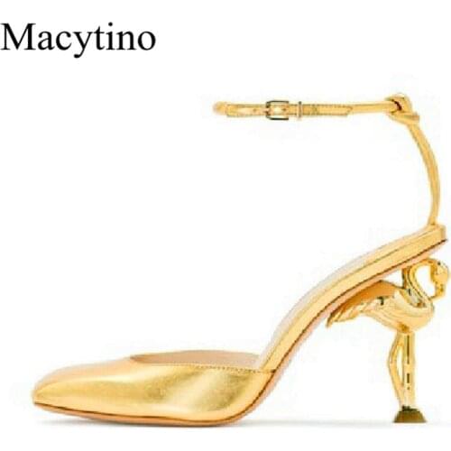 New flamingo Strange High Heel Sandals Women Strap Narrow Band Ankle Strap Pink Gold Luxury Summer Runway Party Pumps