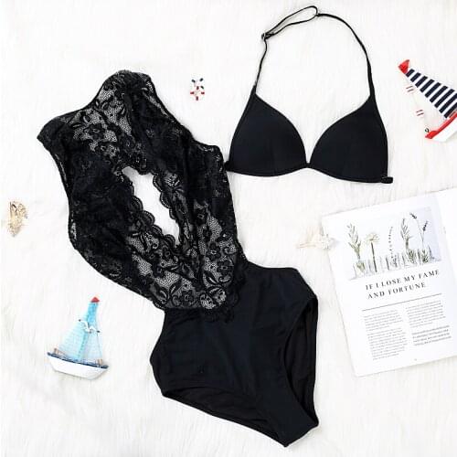 Girl Beach Bathsuit Swimwear Lace Sexy One-piece Bikini Set Women Solid V-Neck High-Waisted Hollow Swimsuit Biquinis купальник