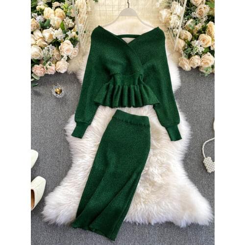 2021 Women Korean New Style Cross V-neck Puff Sleeve Short Waist Top + Elastic High Waist Pleated Skirt Knitting Two Piece D040