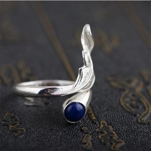 925 Sterling Silver Vintage Lapis Lazuli Leaves Open Rings For Women High Quality Lady Prevent Allergy Sterling-silver-jewelry