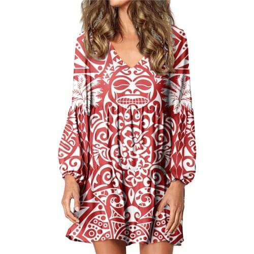 Hycool Latest Elegant Plus Size Loose Home Pregnant Dress Polynesian Tribal Print Sexy V-Neck Lantern Long Sleeves Casual Dress