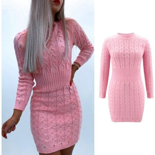 Women Autumn Long Sleeve Twist Cable Knit Bodycon Mini Dress O-Neck Solid Color Sexy Empire High Waist Basic Jumper Streetwear