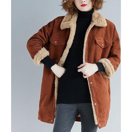 Winter Faux fur Coat Women Oversize Corduroy Coats Vintage Female Loose Long Jackets Casual Street Lady Lambswool Warm Outwears