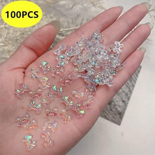 100 Pieces Mixed Nail Art Bow 3D Small Bow Nail Art Decoration Bulk Glitter Bow Color AB Crystal DIY Nail Rhinestone Accessories