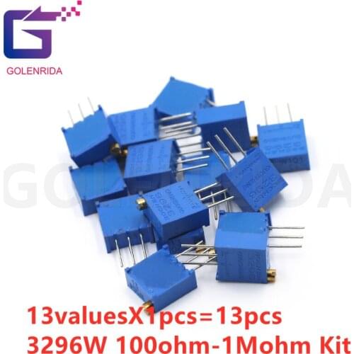 13valuesX1pcs=13pcs 100ohm-1Mohm 0.5w 3296 3296w Variable Resistors MultiTurn trimmer adjustable precision Potentiometer kit