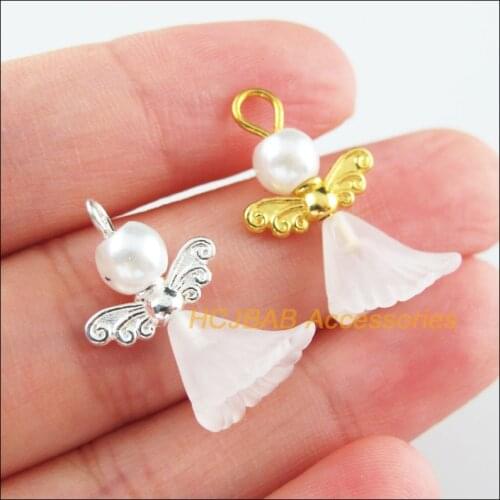 20Pcs Retro Gold Silver Plated White Acrylic Angel Charms Pendants 14x24mm